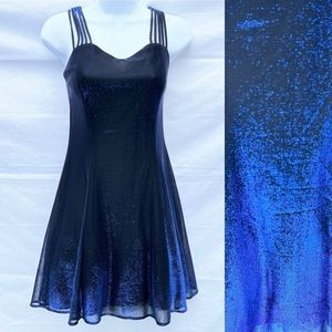 Vintage Metallic Iridescent Strappy Blue Black Mini Fit & Flare Skater Dress
